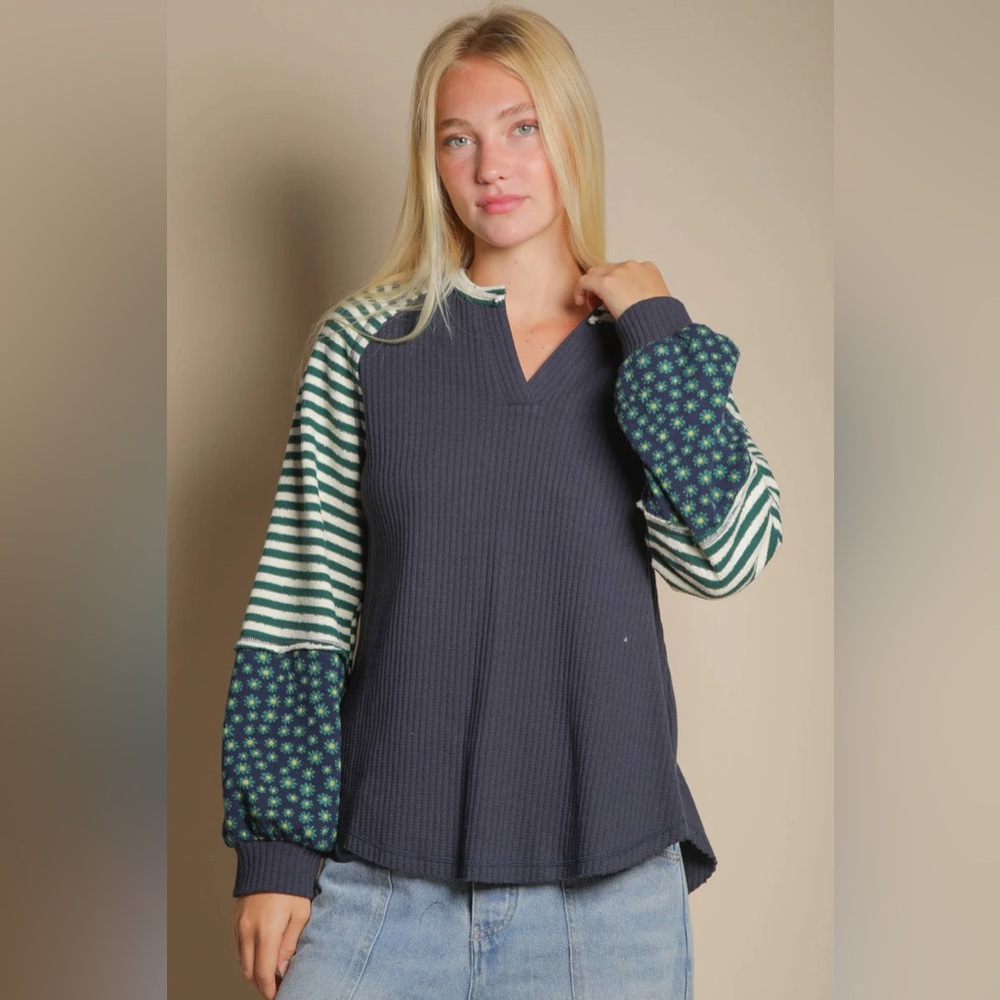 Floral Stripe Balloon Sleeve Knit Top Blue Green